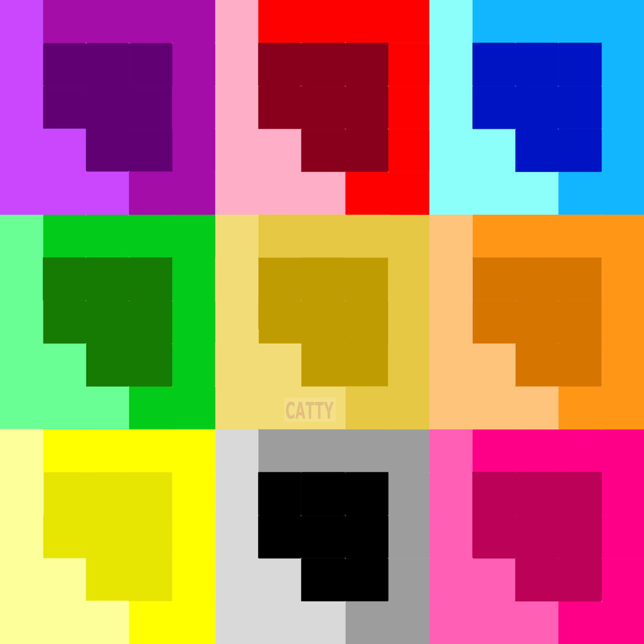 Grid of nine colorful squares with nested darker stepped squares creating depth
