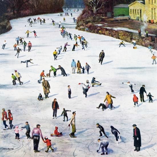 Vintage illustration of people ice skating on a frozen river in winter near houses