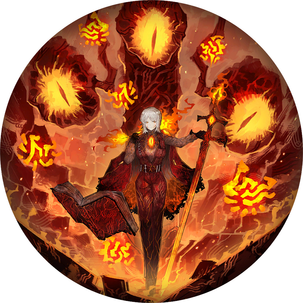Anime character with white hair in dark outfit summoning fire magic with glowing orbs