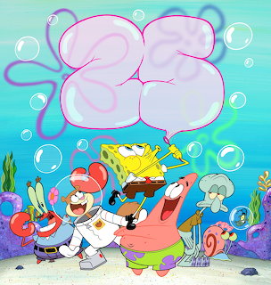 SpongeBob and friends underwater celebrating with a large bubble number 25 above them