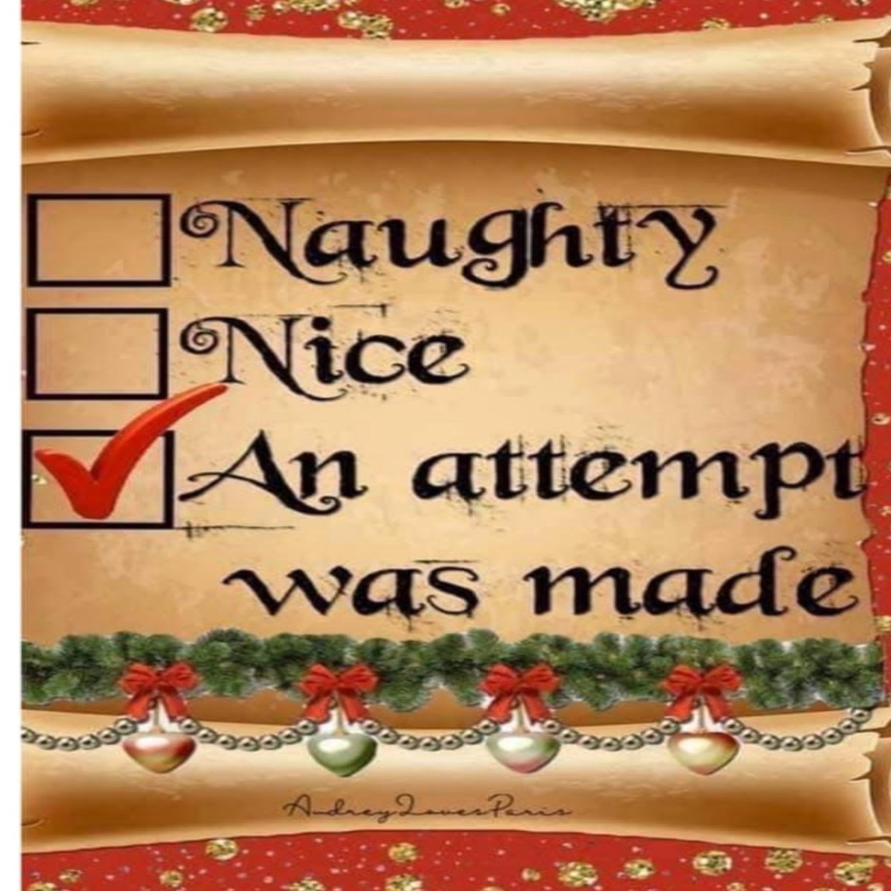 Christmas scroll showing Naughty or Nice list with checkmark on 'An attempt was made'