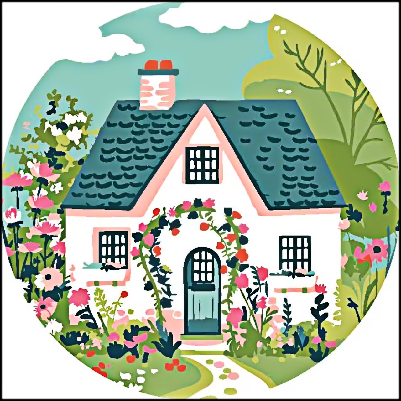 Illustrated white cottage with flowers and vines in circular frame