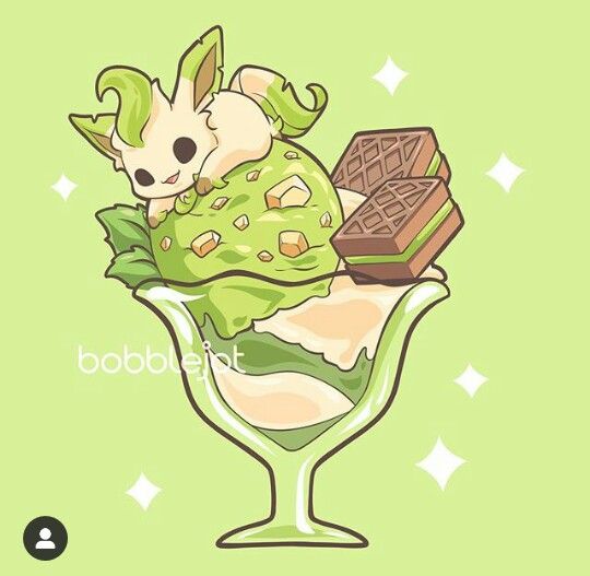 Leafeon Pokémon character illustrated on top of a green parfait dessert with chocolate wafers and sparkles