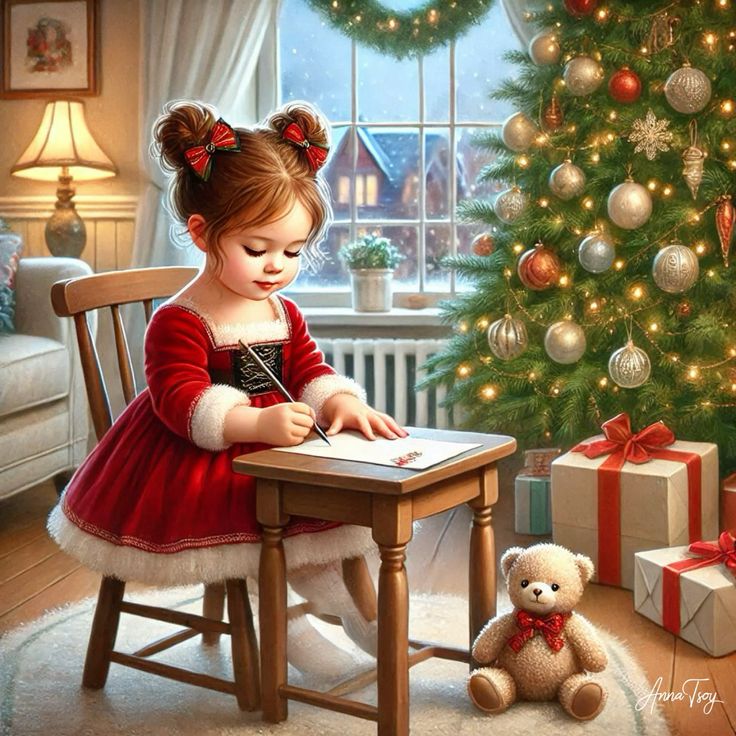 Child in red dress writing at small table next to Christmas tree with teddy bear and presents in warm holiday room