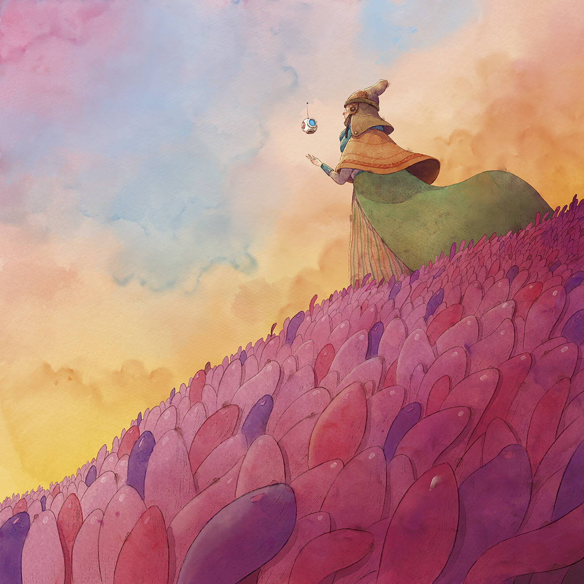 Stylized robed figure on a pink petal-covered hill under a pastel sky