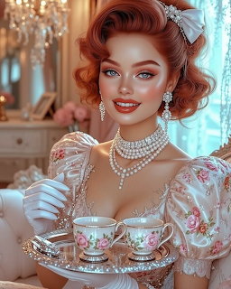 Woman in white lace dress holding decorative tea tray with floral teacups in elegant room