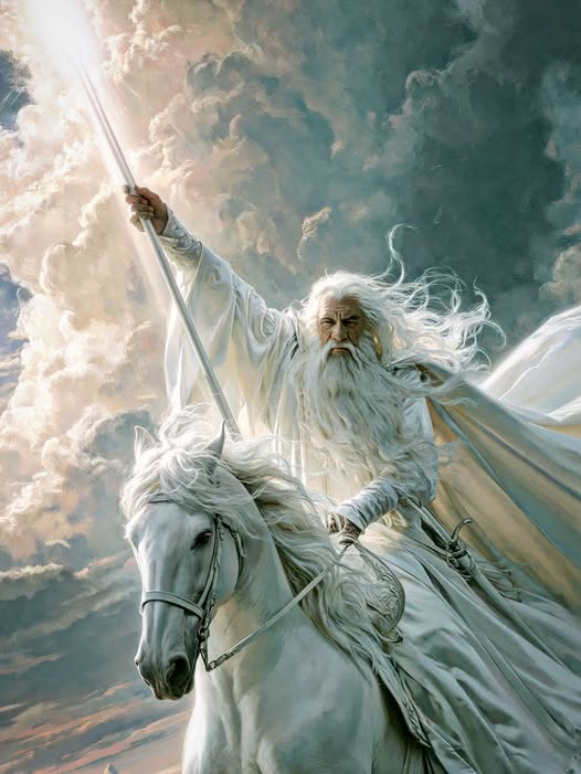 Gandalf the White on a white horse, raising a glowing staff under stormy clouds