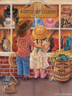 Painting of a boy and girl looking into a country music store window with cowboy hats, boots, and guitars