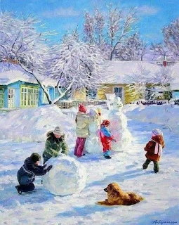 Painting of children building snowmen in a snowy yard near houses and trees