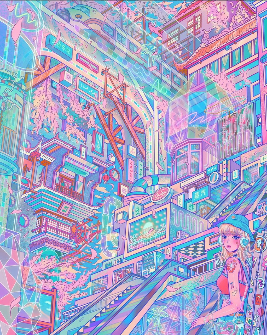 Anime citypop illustration of a character in a colorful city scene by Yu Cai.