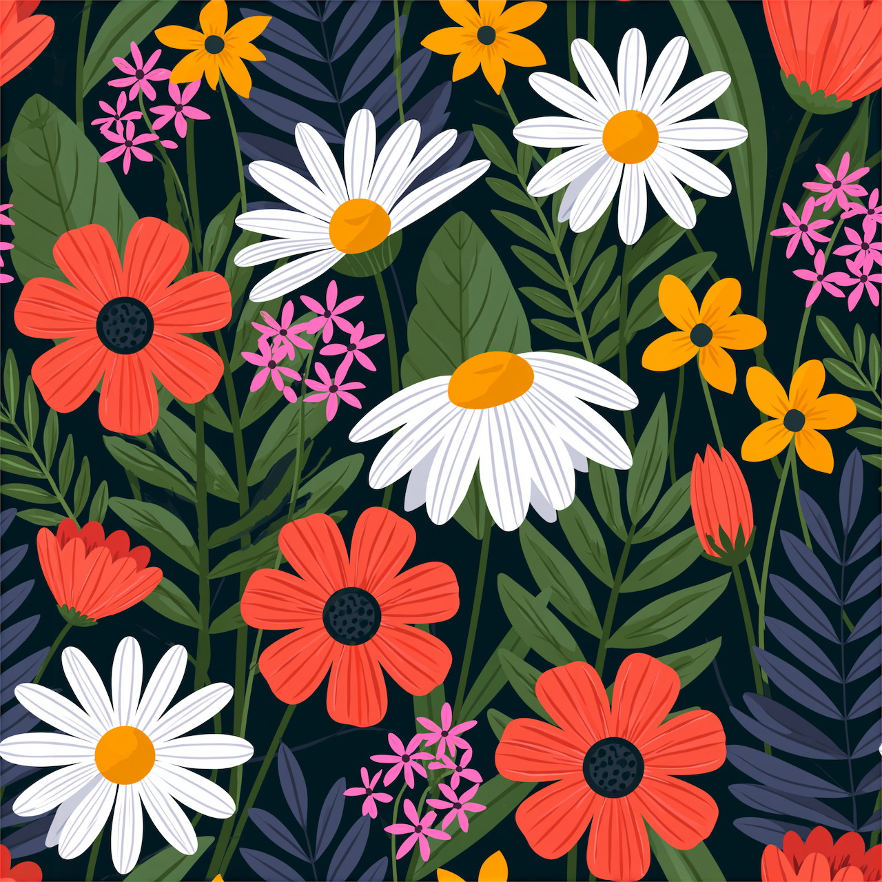 Colorful floral pattern with daisies, coral flowers, and green leaves on dark background