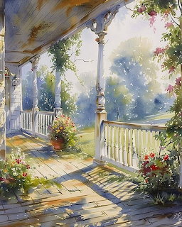 Watercolor painting of a sunny porch with white railings, potted flowers, and a hazy garden beyond