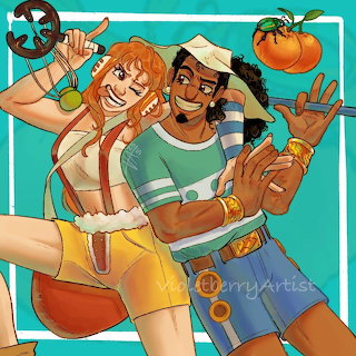 Anime characters Nami and Usopp posing together in casual summer clothes on a turquoise background