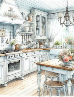 Illustration of a shaby chic white kitchen with wooden countertops, vintage furniture, chandelier, and pink flowers