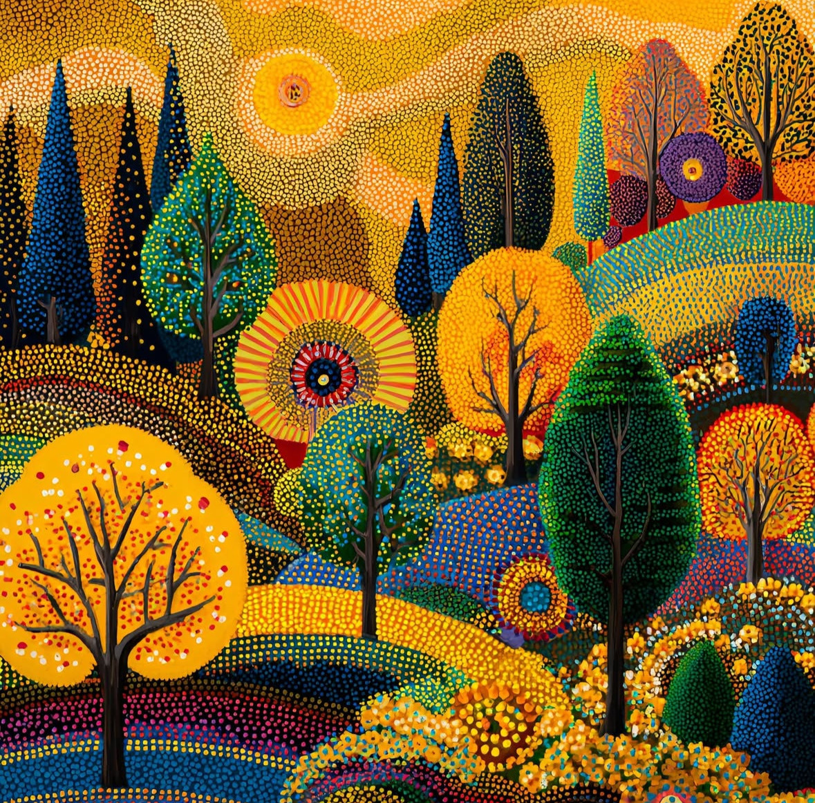 Colorful dot-painted forest landscape with stylized trees and rolling hills under a yellow sun