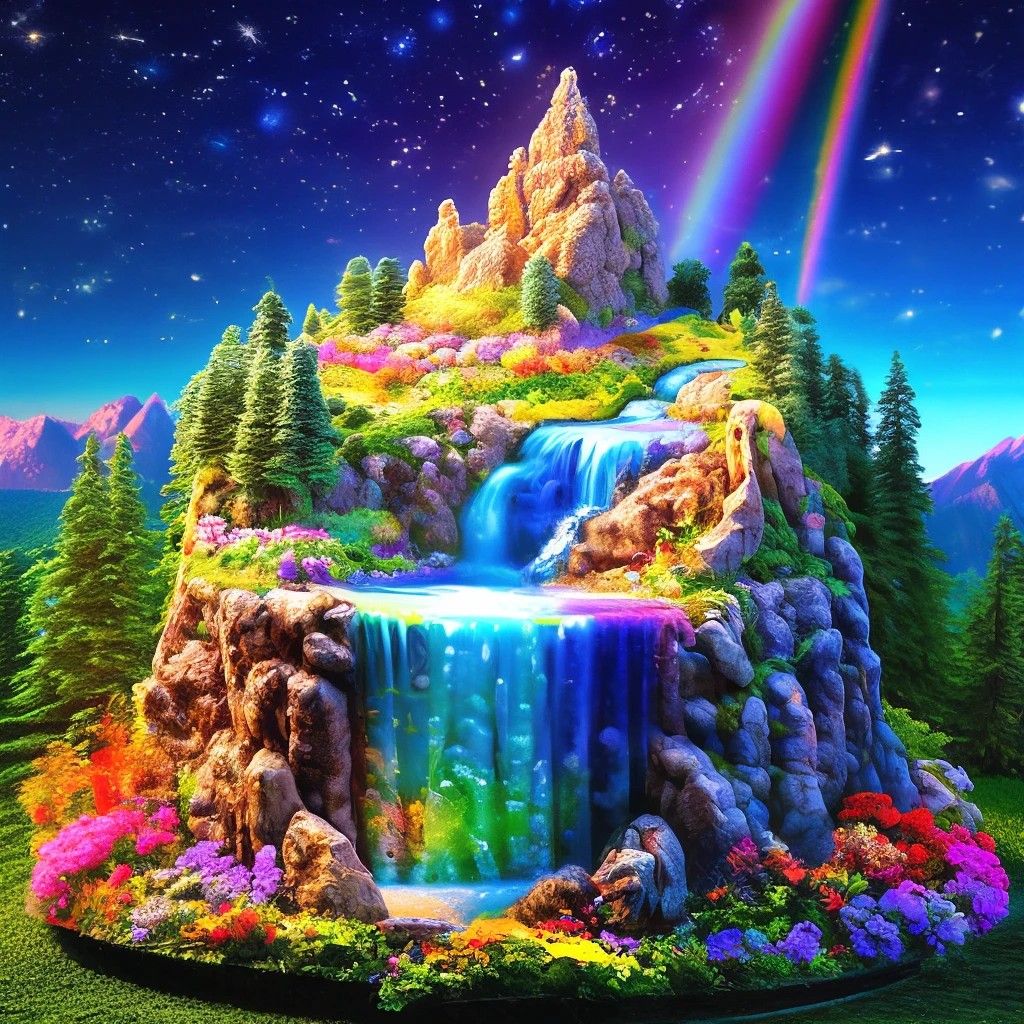 Colorful fantasy mountain with waterfalls, pine trees, flowers, stars, and a rainbow