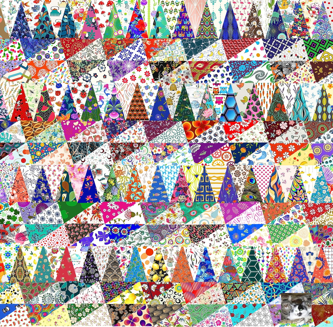 Dense collage of colorful Christmas trees in patchwork patterns with various decorations and designs
