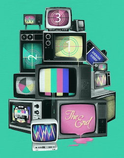 Illustration of stacked retro TV sets showing test patterns and color bars on a teal background