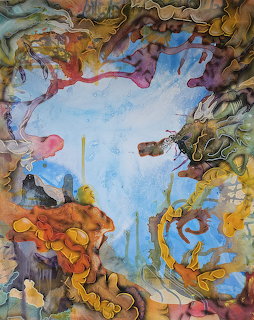 Abstract watercolor painting with colorful organic shapes surrounding a pale blue center