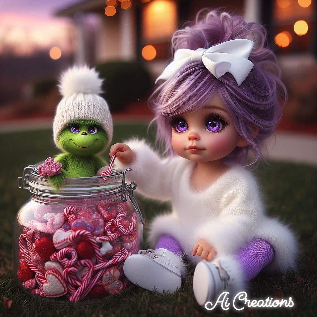 Big-eyed doll with purple hair beside a jar of pink yarn balls on grass