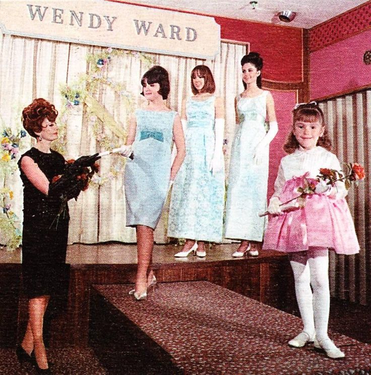 Vintage 1960s Wendy Ward fashion show with four models in formal dresses and a young flower girl