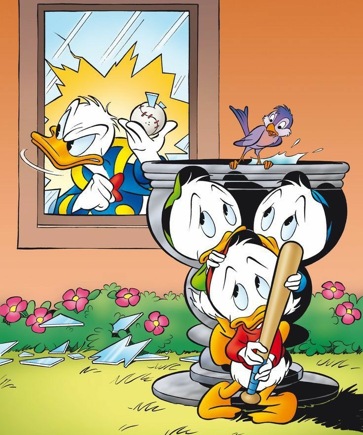 Donald Duck with three nephews in cartoon style with flowers and bright yellow background