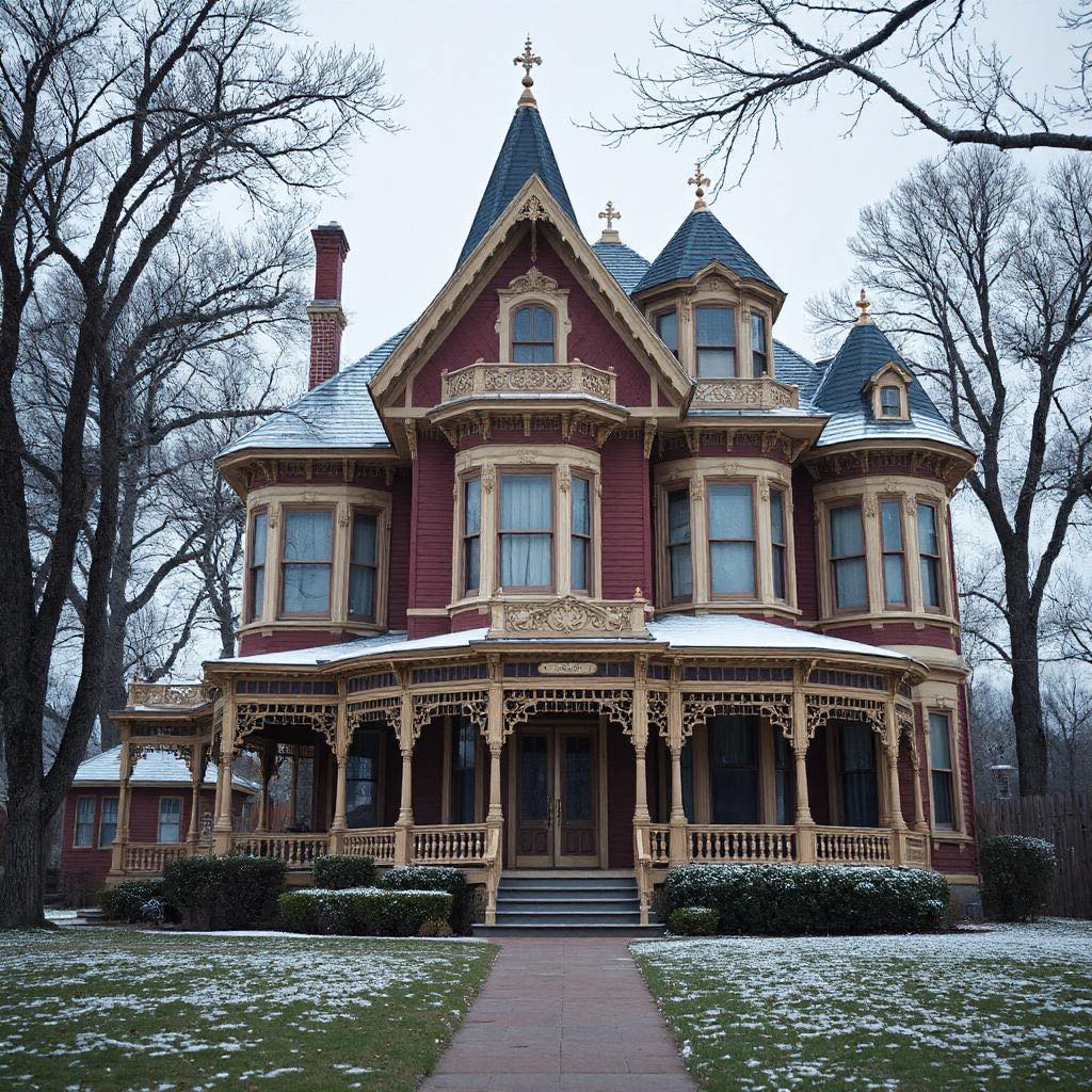 Victorian mansion with ornate porch and snowy lawn framed by leafless trees