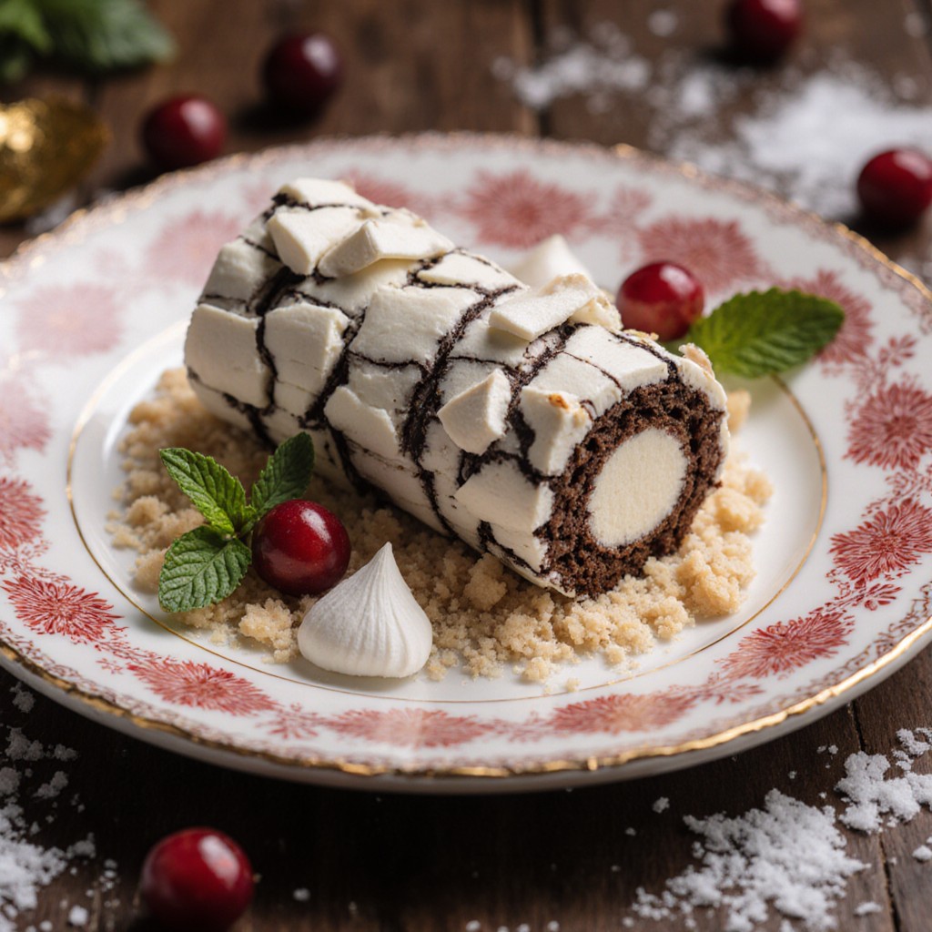 Chocolate yule log cake with powdered sugar and cranberries on decorative plate