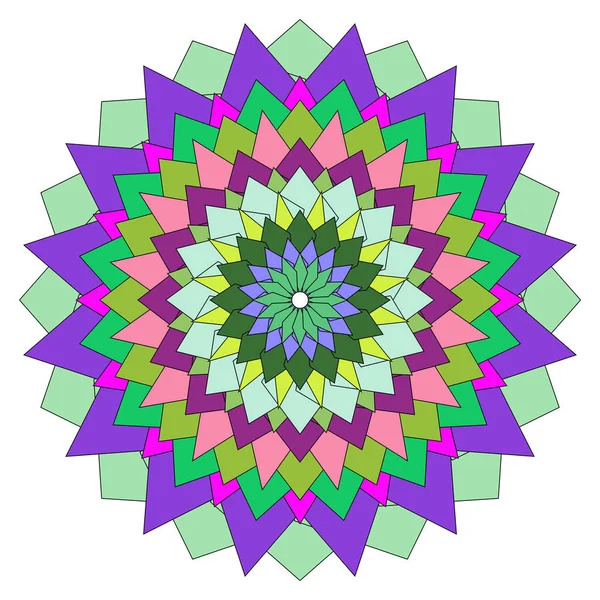 Colorful geometric mandala with layered pointed petals on a white background