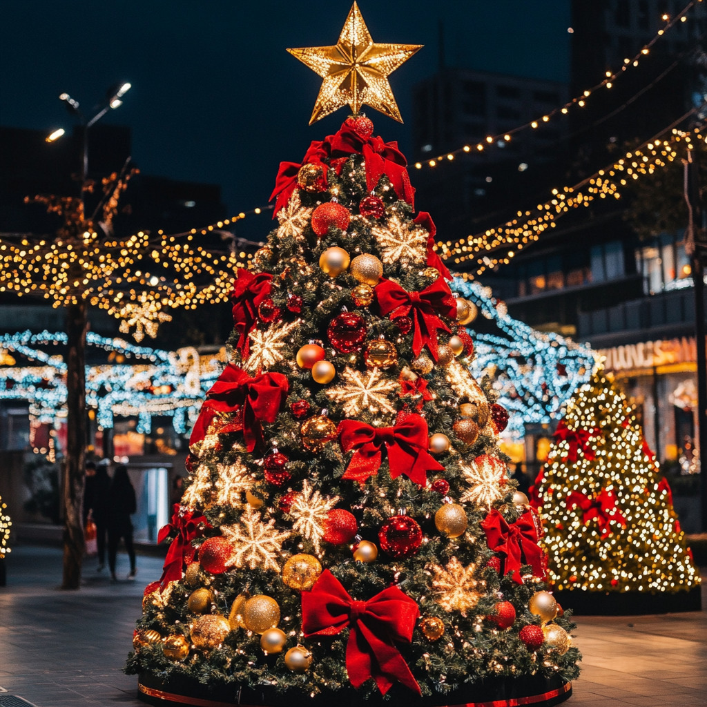 Large decorated Christmas tree with red bows and gold stars at evening market