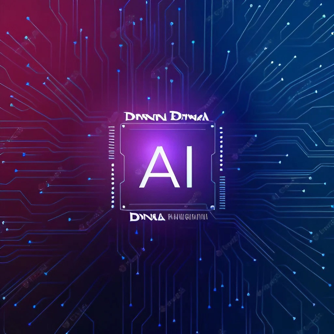 Glowing AI chip in the center of a dark blue and red circuit board illustration