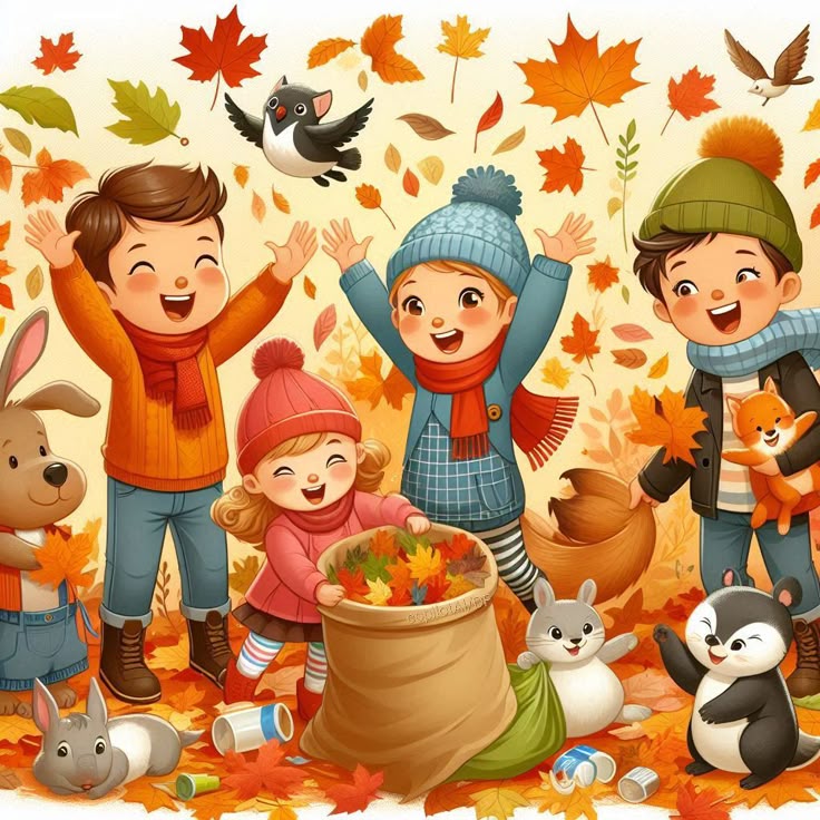 Children celebrating autumn with falling leaves, animals, and pumpkins in colorful illustration
