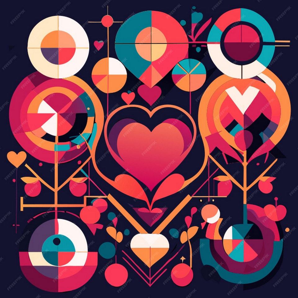 Colorful geometric Bauhaus-style illustration with hearts, circles, and abstract shapes on dark background
