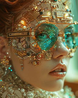 Woman in ornate golden steampunk mask with jewels and gears covering half her face