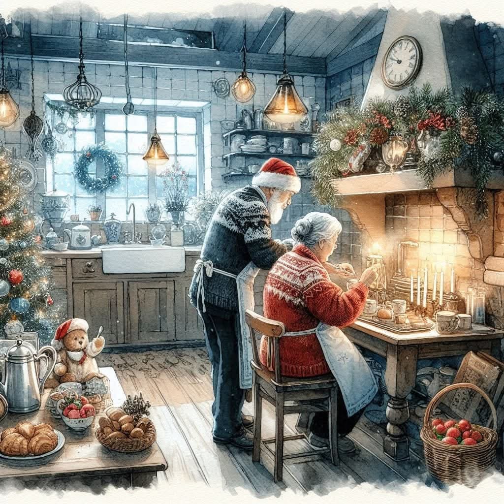 Elderly couple in decorated Christmas kitchen with tree, wreaths, and candles