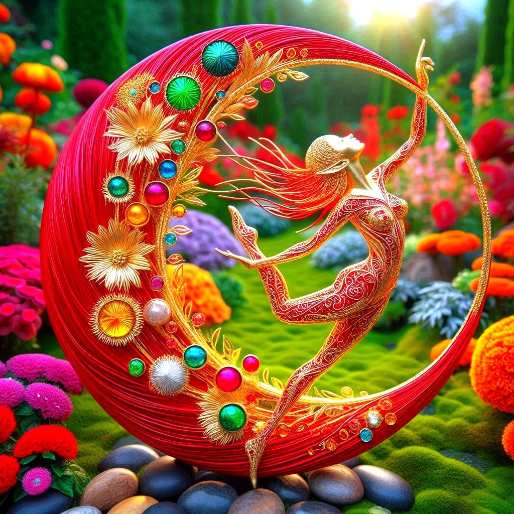 Red crescent moon sculpture with fairy, gemstones and golden flowers in a colorful garden