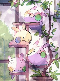 Cute slug-like Pokemon characters in cream and pink hues on wooden shelves with vines and flowers