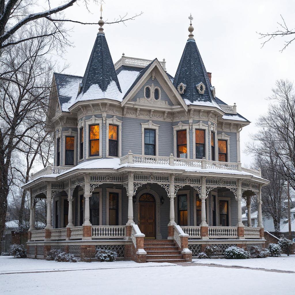 Grand Victorian house with two pointed towers and decorative trim covered in winter snow