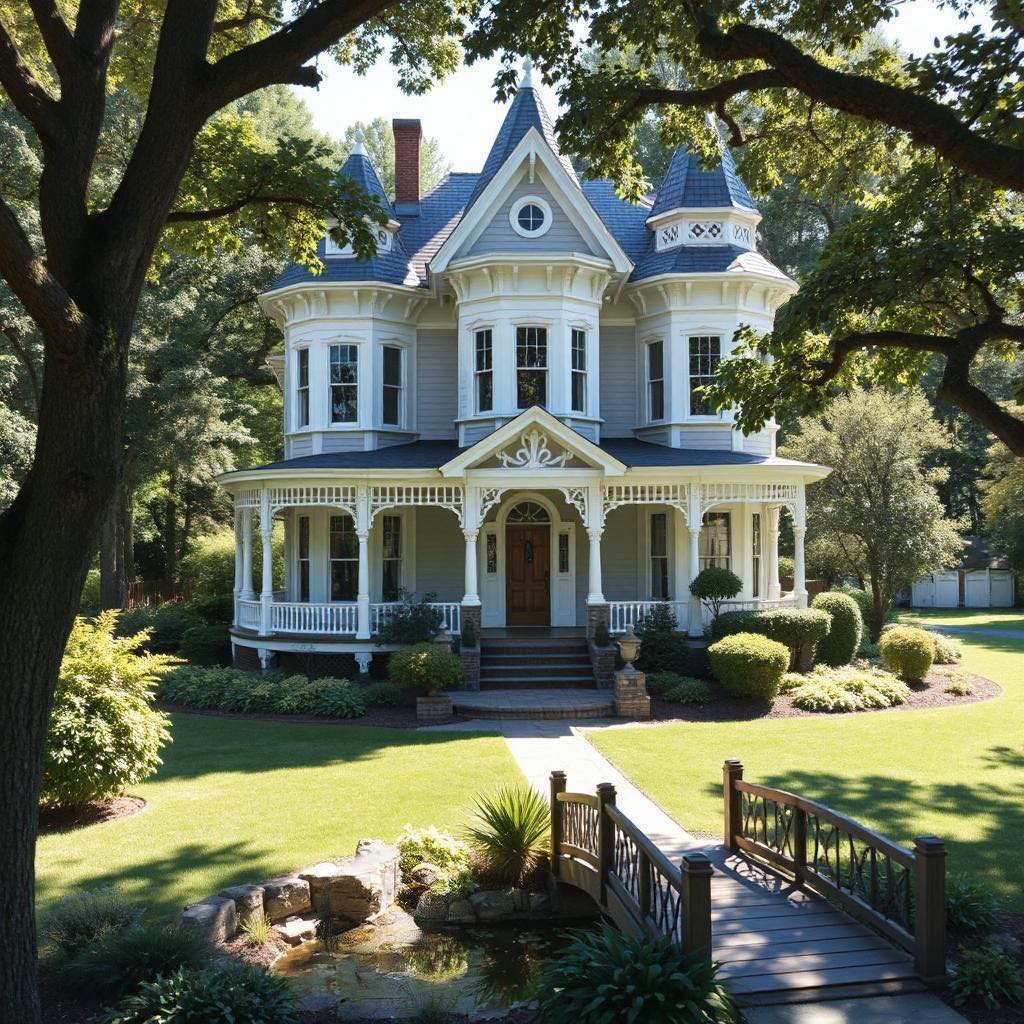 White Victorian house with ornate porch, turret, and a small bridge in the front garden