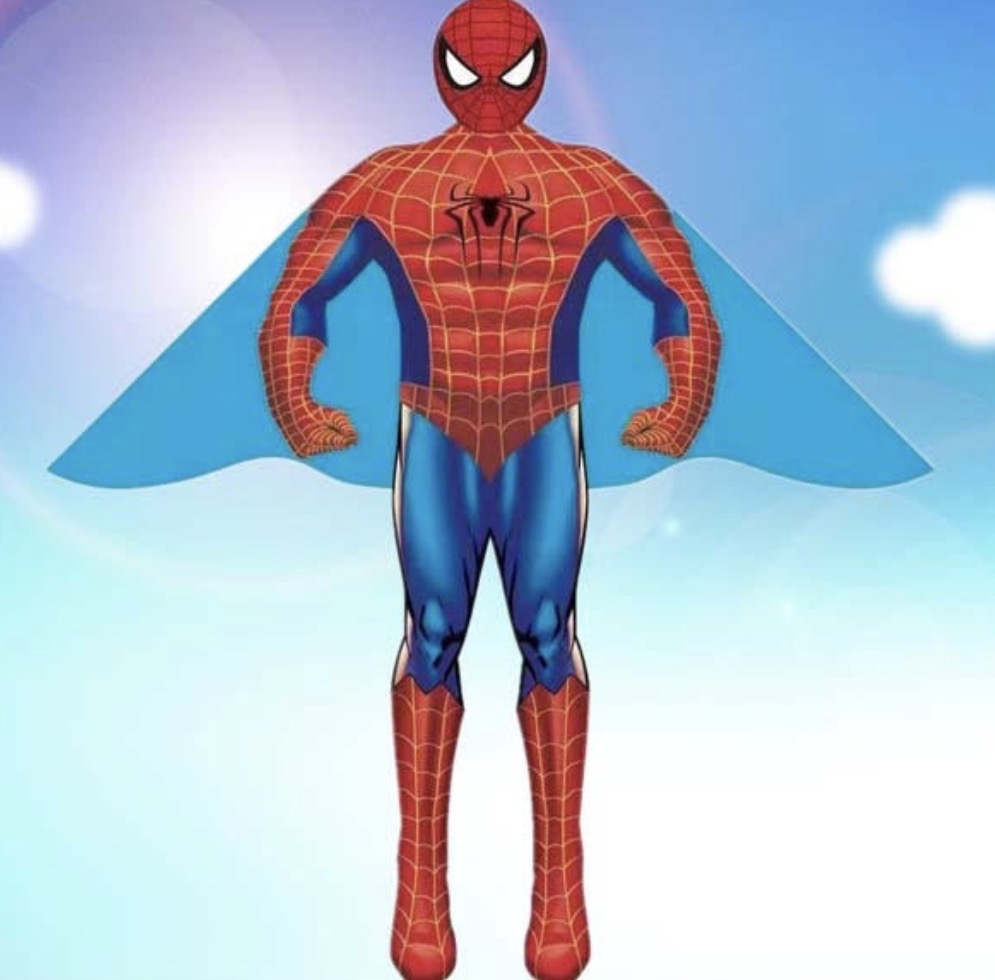Illustration of Spider-Man standing with a blue cape on a light sky background