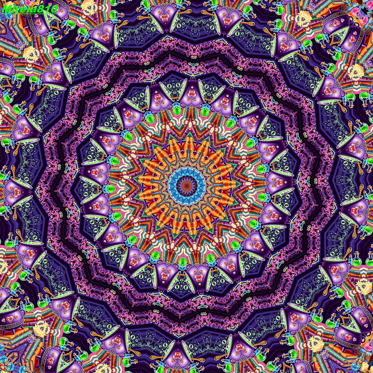Colorful symmetrical mandala with purple petals, orange center, and intricate geometric patterns
