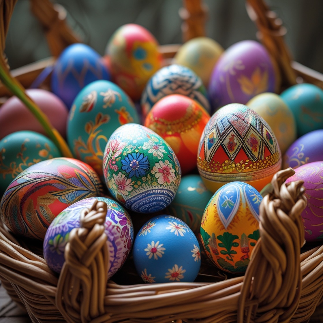 Decorated Easter eggs with ornate patterns in a woven basket