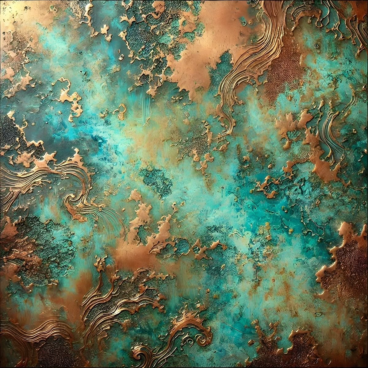 Abstract swirling patterns in turquoise, copper, and gold resembling oxidized metal texture