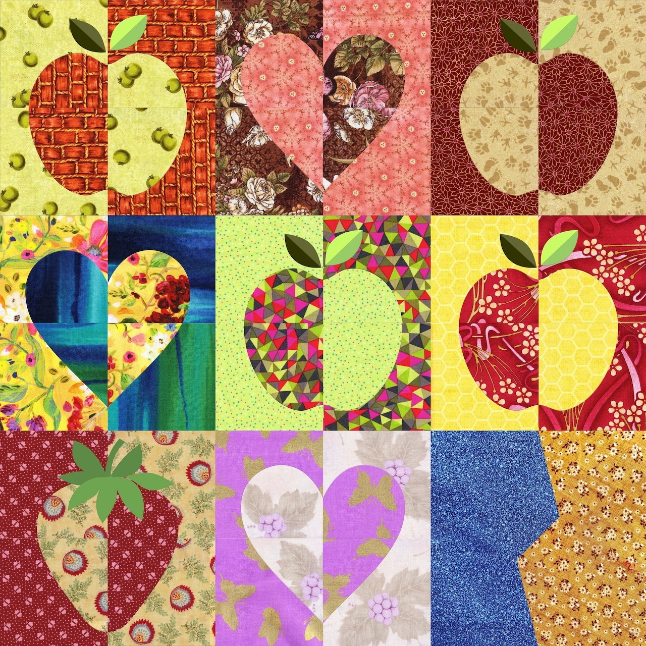 Colorful patchwork quilt with hearts, apples, and mixed fabric patterns in a grid layout