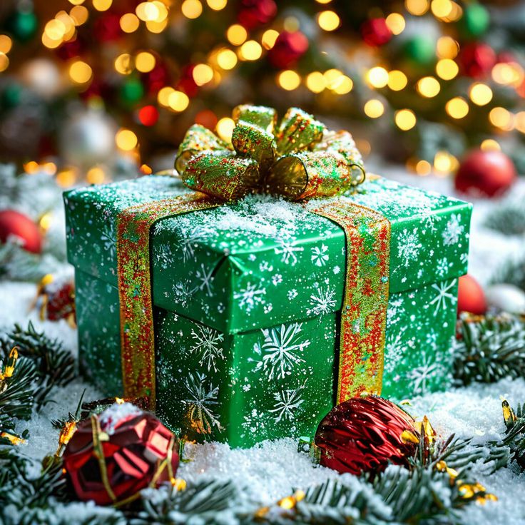 Green Christmas gift box with gold bow, ornaments, pine branches, and blurred holiday lights