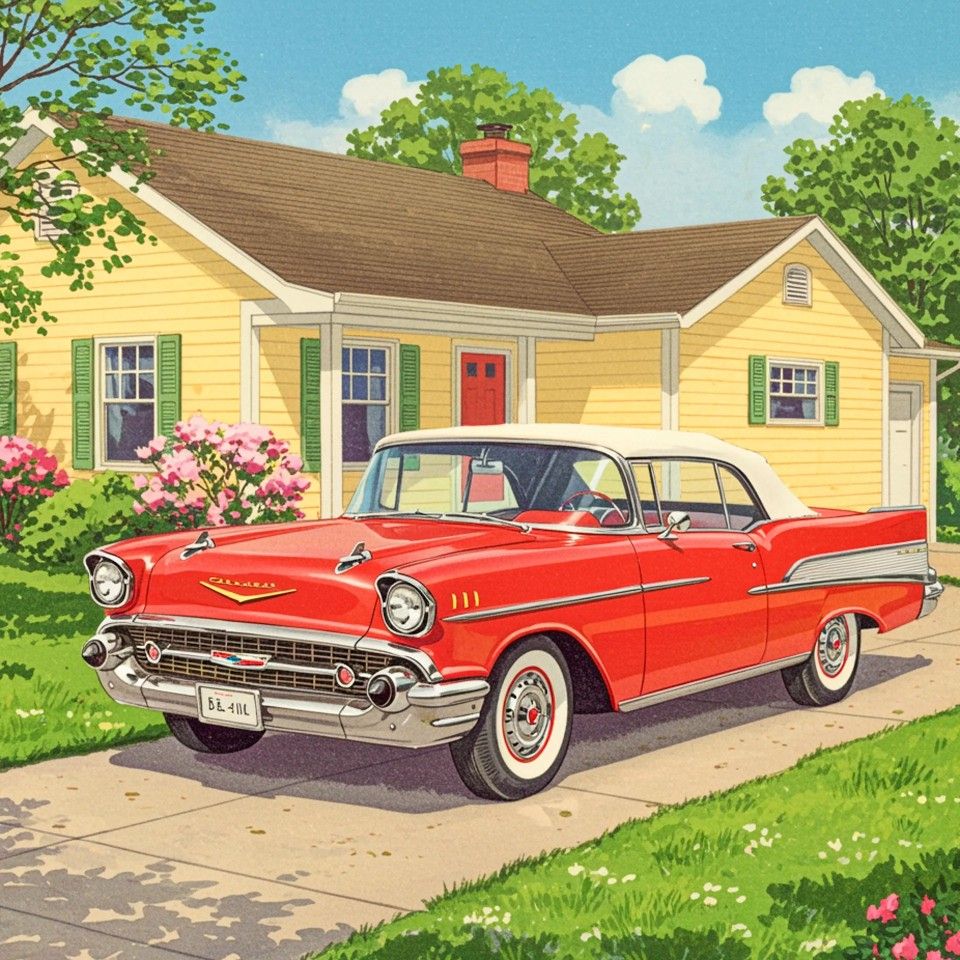 Classic Red Car Yellow House