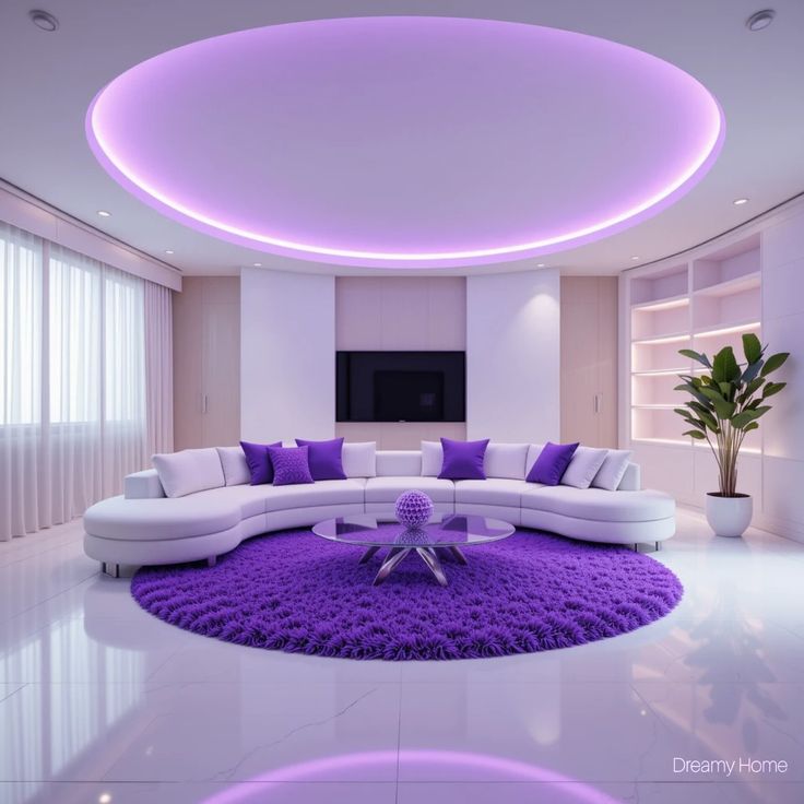 Futuristic white living room with curved sofas, purple neon ceiling light, glass table, and round purple rug