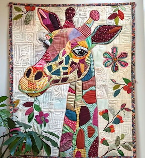 Handmade quilt wall hanging with patchwork giraffe and decorative flowers in vibrant fabric patterns