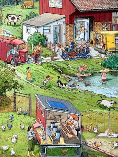 Cartoon farm scene with red barn, animals, people working and playing, stream with ducks