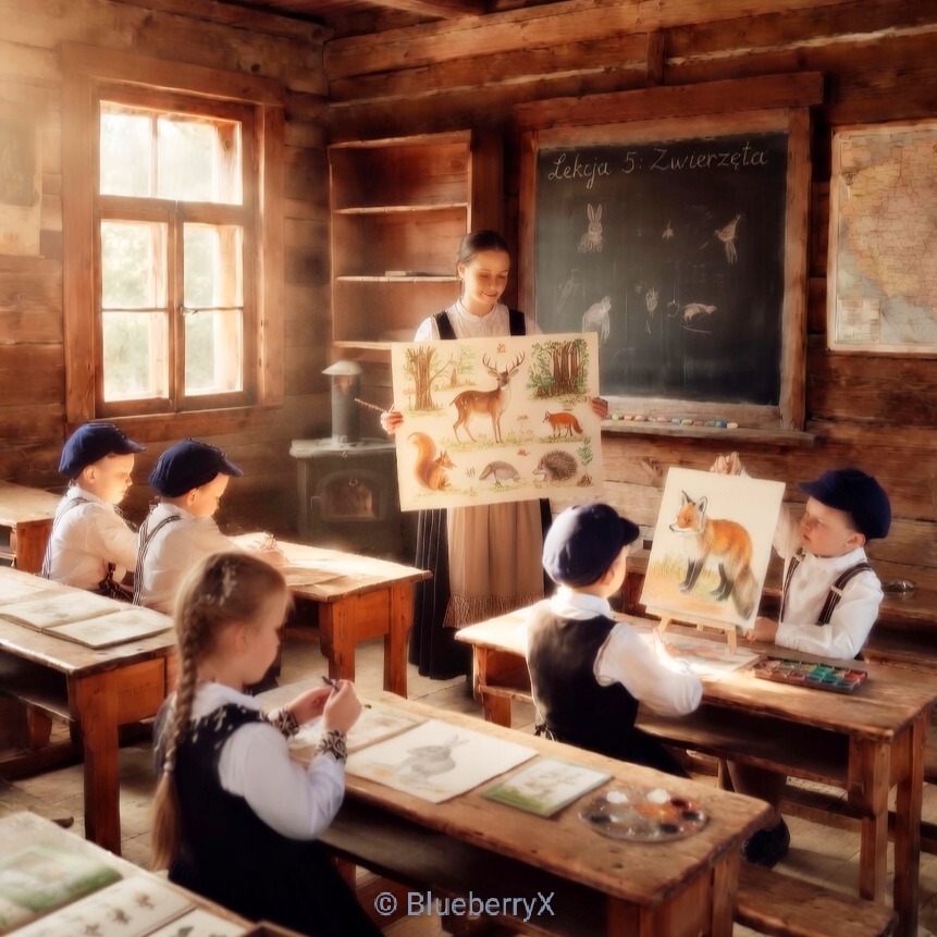 Children in an old wooden classroom with a teacher showing animal pictures by a chalkboard